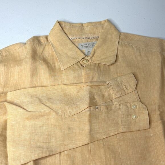 Banana Republic Men's M Linen Long Sleeve Button Up Shirt Yellow Peach Peach - Picture 11 of 11